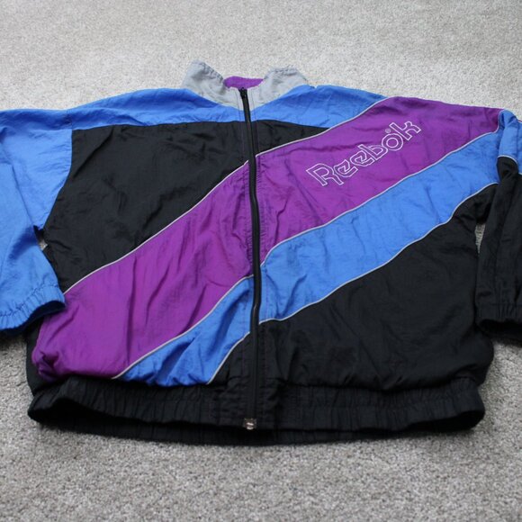 VTG Reebok Windbreaker Mens Medium Purple/Blue/Black Spell Out Jacket Coat - Picture 2 of 14